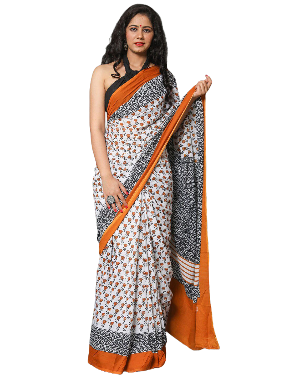 Traditional Printed Orange & White Saree view 4